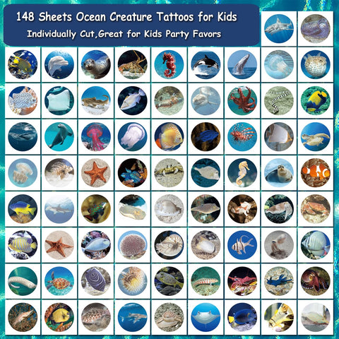 CHARLENT Realistic Ocean Animals Temporary Tattoos for Kids - 148 Individually Sheets Sea Creature Tattoos for Boys Girls Ocean Birthday Party Favors Goodie Bag Fillers