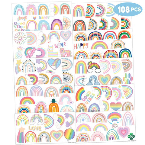 108 PCS 10 Sheet Pastel Rainbow Temporary Tattoos Sticker Boho Rainbow Birthday Party Decorations Favors Supplies Decor Gifts Boys Girls Baby Shower Cute Fake Tattoo School Reward Themed