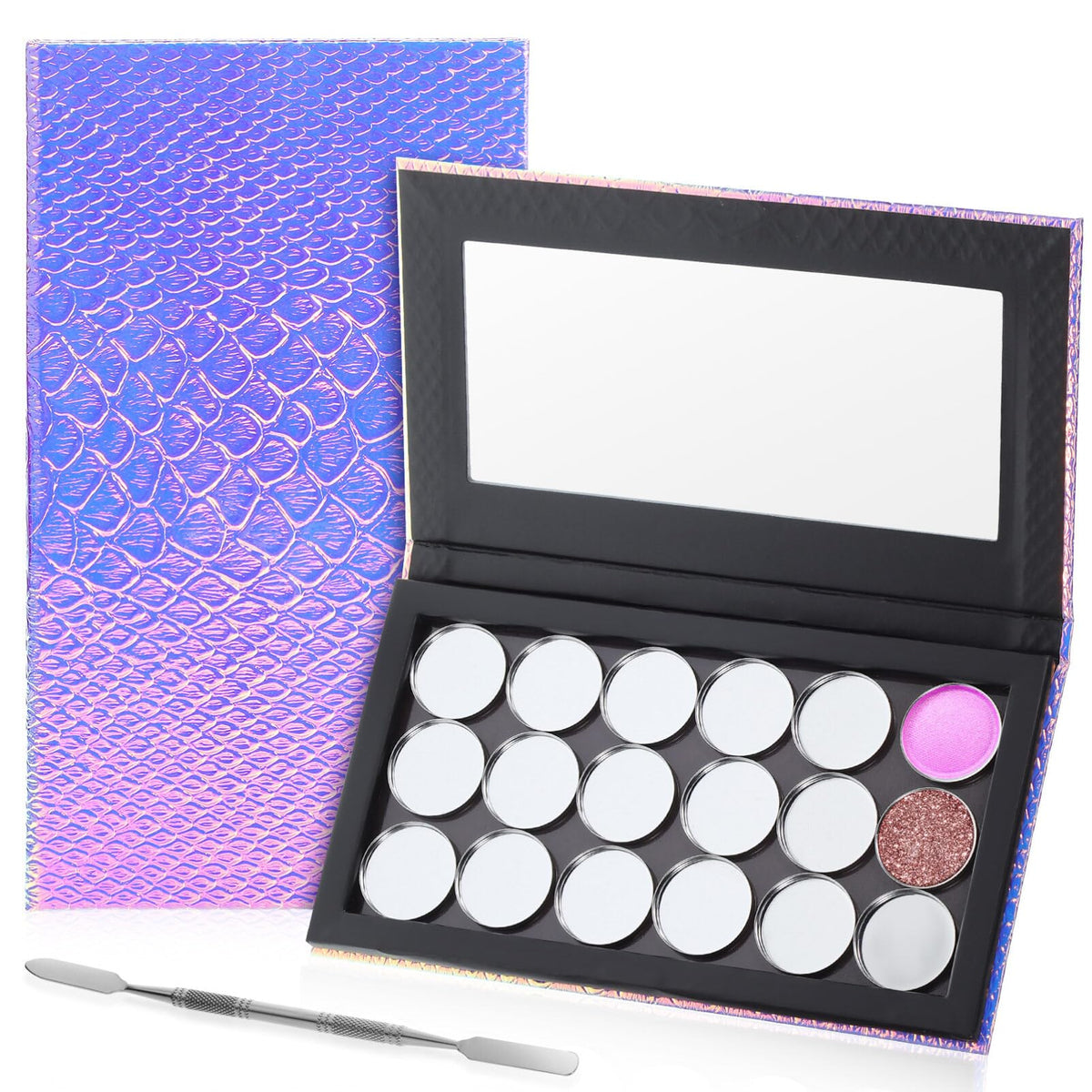 Beaupretty Empty Magnetic Eyeshadow Palette Mermaid Makeup Palette with Mirror Round Metal Pans and Depotting Spatula Set