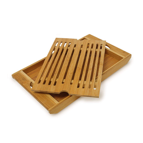 Relaxdays Bamboo Chopping Board 3 x 37 x 21.5 cm Kitchen Cutting Board With Bread Crumb Collector Tray, Easy to Clean, Natural Brown