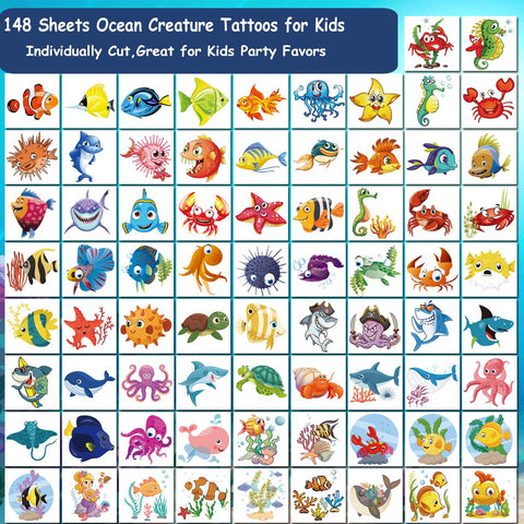 CHARLENT 148 PCS Ocean Animals Temporary Tattoos for Kids - Sea Creature Individual Tattoos for Boys Girls Ocean Birthday Party Favors Goodie Bag Fillers