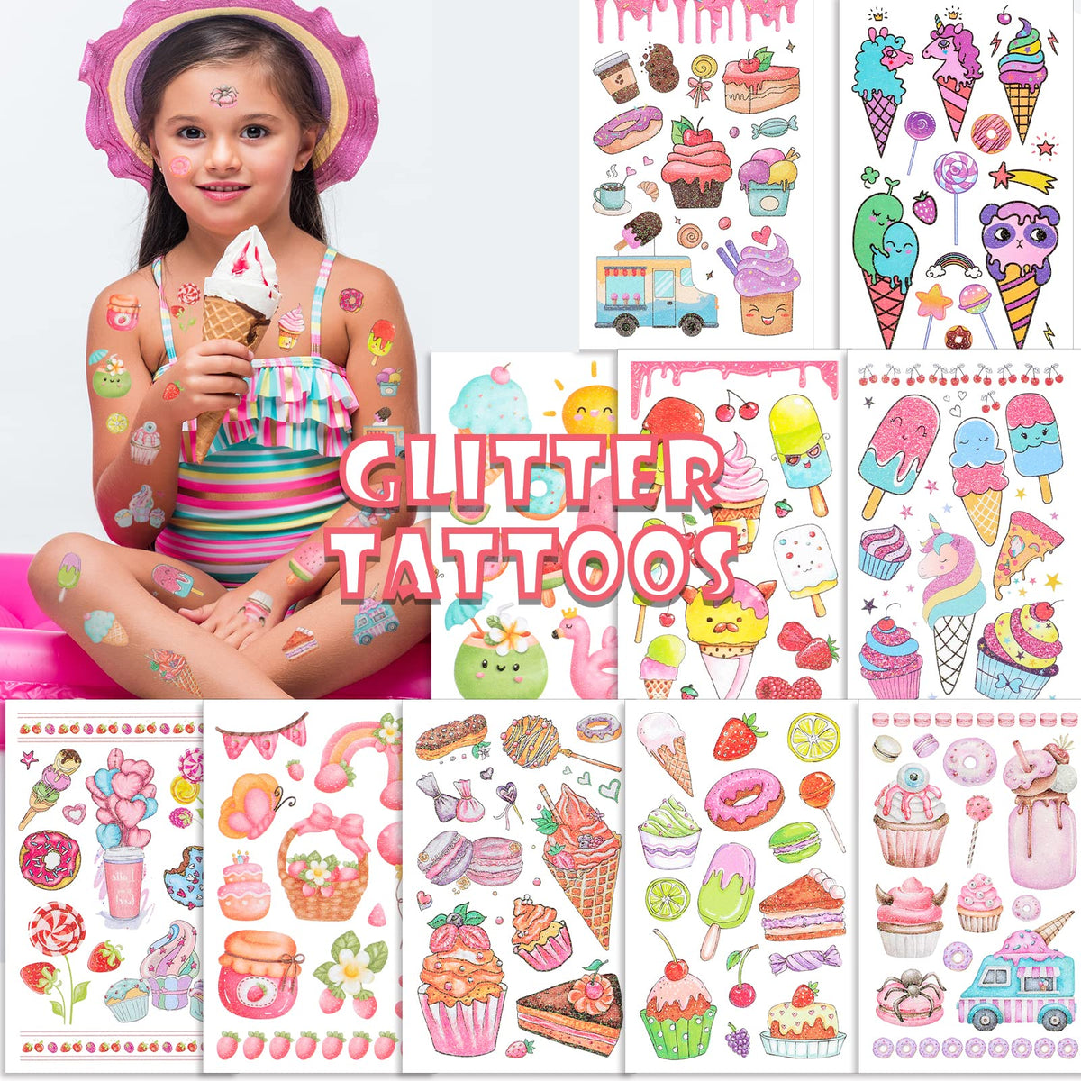 Konsait Glitter Ice Cream Tattoos for Kids, Lollies, Donut Cake Kids Tattoos Temporary for Girls Donut Birthday Party Decorations Two Sweet Birthday Party Supplies Donut Party Favors 99 Pcs