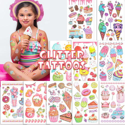 Konsait Glitter Ice Cream Tattoos for Kids, Lollies, Donut Cake Kids Tattoos Temporary for Girls Donut Birthday Party Decorations Two Sweet Birthday Party Supplies Donut Party Favors 99 Pcs