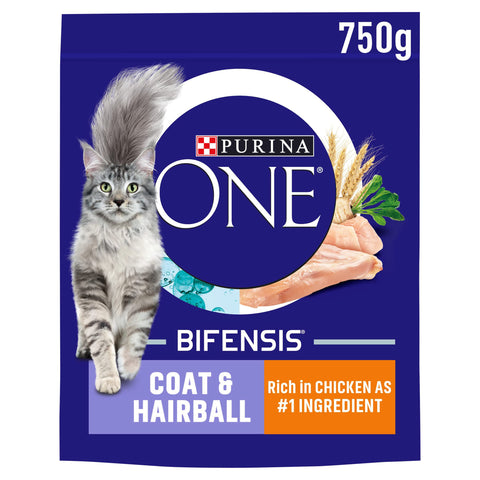 Purina ONE Adult Dry Cat Food Coat & Hairball, Rich in Chicken 750g, Pack of 4