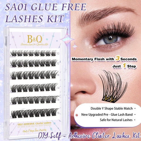 B&Q Self Adhesive Eyelashes 48 PCS Reusable Adhesive Eyelashes Pre-Glued Cluster Lashes D Curl No Glue Eyelashes 10-16mm with Lash Tweezers 1 Step DIY Lash Self Stick Easy to Apply (SA01-D,10-16mm)