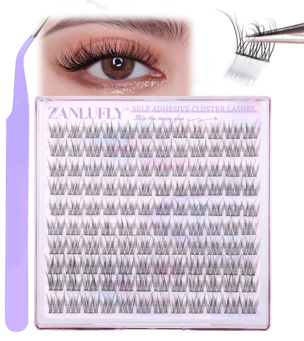 Self Adhesive Cluster Lashes Natural No Glue Individual Lashes Wispy Self Adhesive Eyelash Clusters with Clear Self Adhesive Strips DIY Eyelash Extensions(10-12MM)