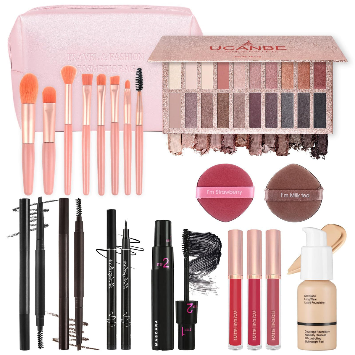 Makeup Kit Sets for Teens Women Full Kit with Bag,All in One Make-Up Gift Set Including 20 Colors Neutral Eyeshadow Palette,Lip Glosses,Eyeliner,Mascara,Eyebrow Pencil,Foundation,Brushes & More Kits