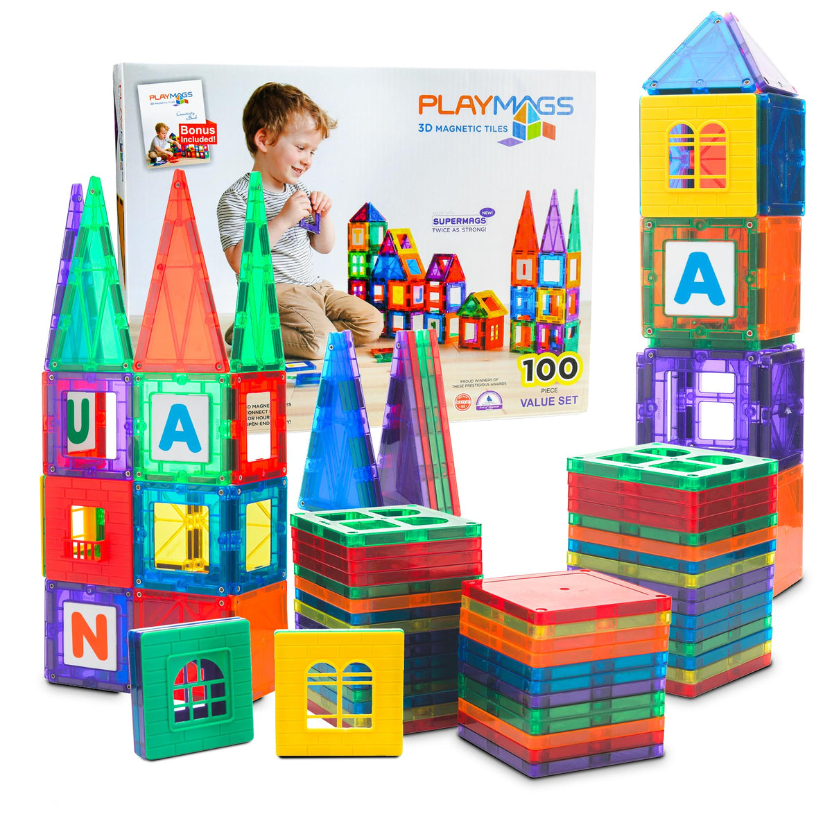 Playmags 100-Piece Magnetic Tiles Building Blocks Set, 3D Magnet Tiles for Kids Boys Girls, Educational STEM Toys for ToddlersÃƒÆ’Ã†â€™Ãƒâ€šÃ‚Â¢ÃƒÆ’Ã‚Â¢ÃƒÂ¢Ã¢â€šÂ¬Ã…Â¡Ãƒâ€šÃ‚Â¬ÃƒÆ’Ã¢â‚¬Å¡Ãƒâ€šÃ‚Â¦