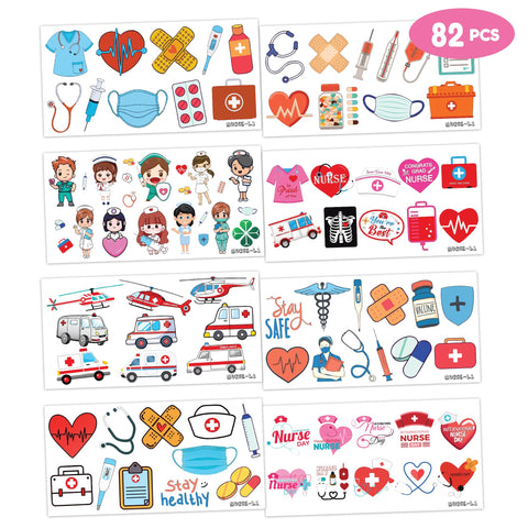 82 Pcs Nurse Day Temporary Tattoos Sticker Medical Nurse Graduation Themed Birthday Party Decorations Supplies Favors Celebration Gifts Ideas Girls Boys Baby Showers Cute Tattoo Classroom Reward