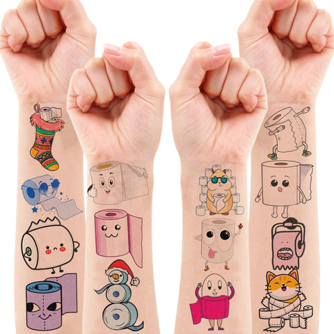 106 PCS Cute Funny Toilet Paper Temporary Tattoos Sticker Funny Toilet Paper Birthday Party Decorations Supplies Favors Gifts Baby Shower Boys Girls Cute Fake Tattoo School Reward Themed