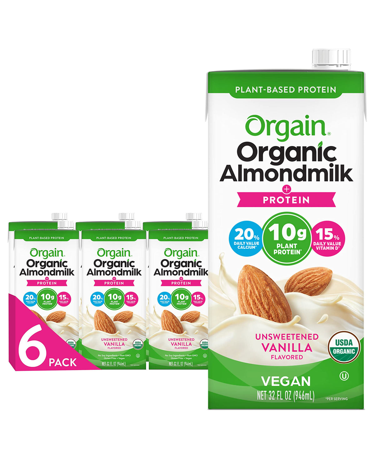 Orgain Organic Vegan Protein Almond Milk, Unsweetened Vanilla - 10g Plant Based Protein, With Vitamin D & Calcium, Gluten Free, Dairy Free, Lactose Free, Soy Free, No Sugar Added, 32 Fl Oz (Pack of 6)