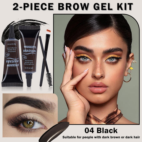 CAHIUYOA 2PCS Tinted Brow Gel Kit Black Eyebrow Gel Thickening Eyebrow Mascara Brow Glue Quickly Fixing Natural Eyebrow Makeup Brow Gel Mascara Kit with Eyebrow Brushes - 04 Black