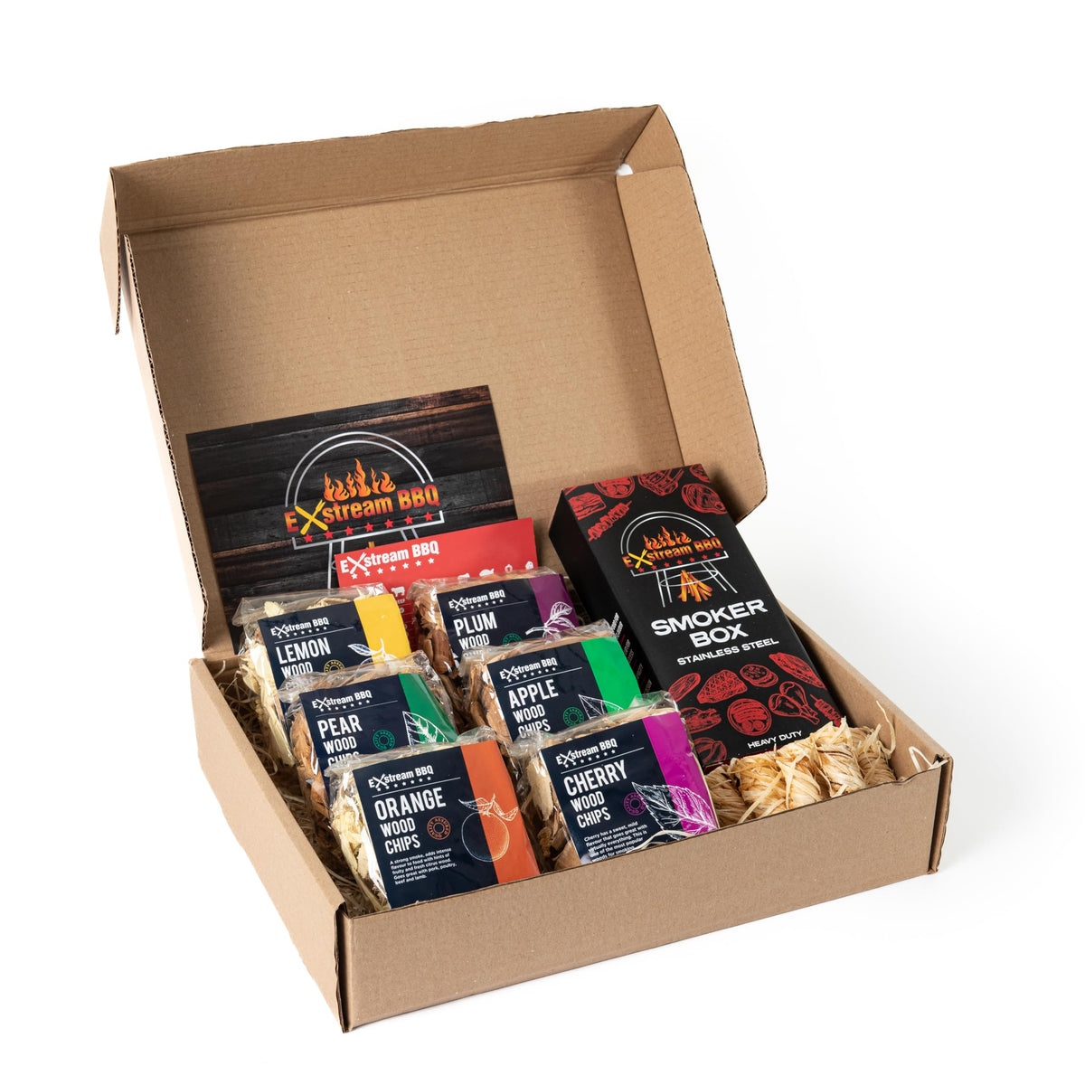 Exstream BBQ Fruit Wood Chip Selection Box - Apple, Cherry, Lemon, Orange, Pear, Plum - Includes Smoker Box, Flavour Chart Magnet & Wood Wool Firelighter