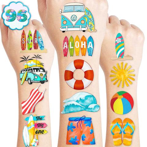 103PCS Summer Surfing Surf Temporary Tattoos Birthday Theme Party Decorations Favors Supplies Decor Cute Beach California Hawaiian Ocean Surfer Stickers Gifts for Kids Boys Girls Carnival Class Prizes