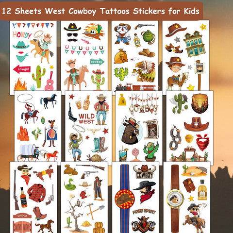 CHARLENT Cowboy Temporary Tattoos for Kids - 100 PCS Western Cowboy Temporary Tattoos for Boys Birthday Party Favors Goodie Bag Fillers