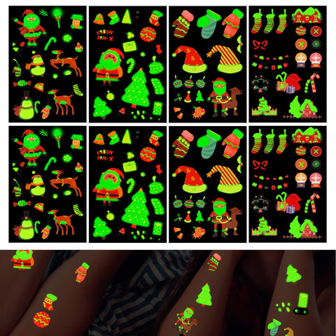 182pcs Glow In The Dark Tattoos, Christmas Temporary Waterproof Luminous Mixed Style Tattoos Sticker Stocking Stuffers Christmas Party Decorations Favors for Kids, 8 Sheets