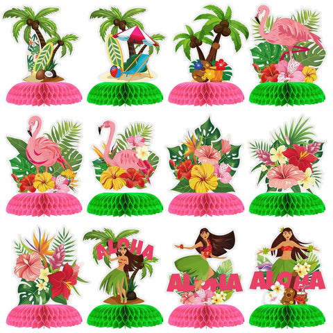 SATINIOR 12 Pcs Hawaiian Luau Table Decorations Luau Centerpieces for Tables Tropical Honeycomb Centerpieces 3D Flamingo Party Supplies Beach Palm Tree Flower Tropical Decoration for Birthday