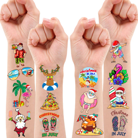 Christmas Temporary Tattoos Hawaiian Tropical Christmas Party Decorations Favors Supplies Aloha Themed Cute Stickers 10 Sheets 100 PCS Gifts for Girls Boys Class School Carnival