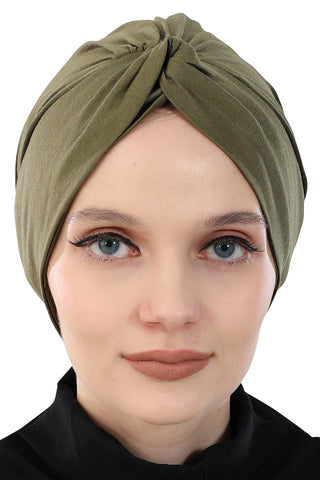 Aisha's Design Instant Turban Head Wraps for Women, 95% Cotton Hijab Scarf Ready to Wear, Pretied Chemo Headwear, Army Green