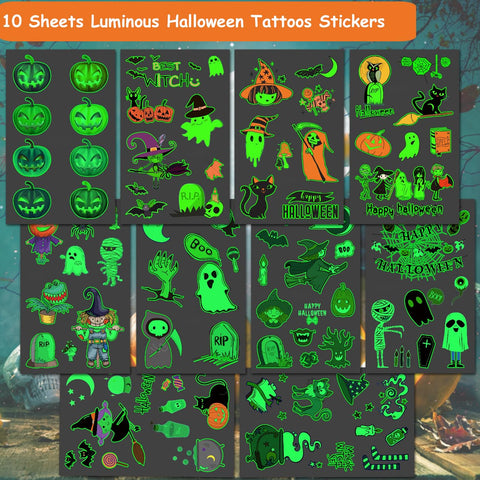 CHARLENT Luminous Halloween Temporary Tattoos for Kids Party Supplies - 100 Styles Glow in The Dark Halloween Pumpkin Skeletons Tattoos for Boys Girls Halloween Party Favors Treats Goodie Bag Fillers