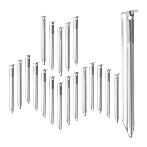 Relaxdays Set of 20 Stainless Steel Tent Pegs, Tent Stakes with Eyelets, V-Shape, Barbs, 18 cm Long Tent Anchoring, Silver