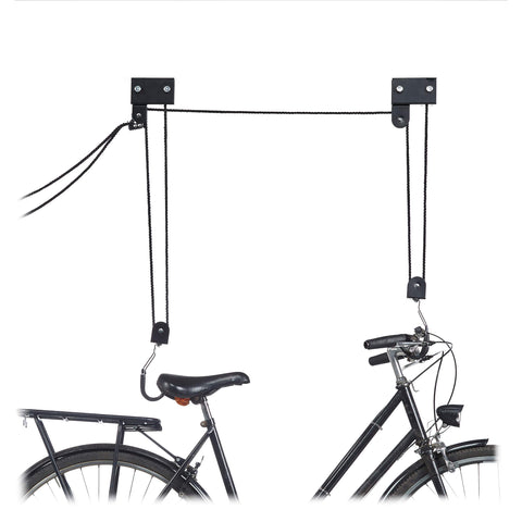 Relaxdays Bicycle Ceiling Mount, 57 kg Capacity, Hooks, Universal, Rope Brake, Pulley Hoist, Kayak, Bike Lift, Black