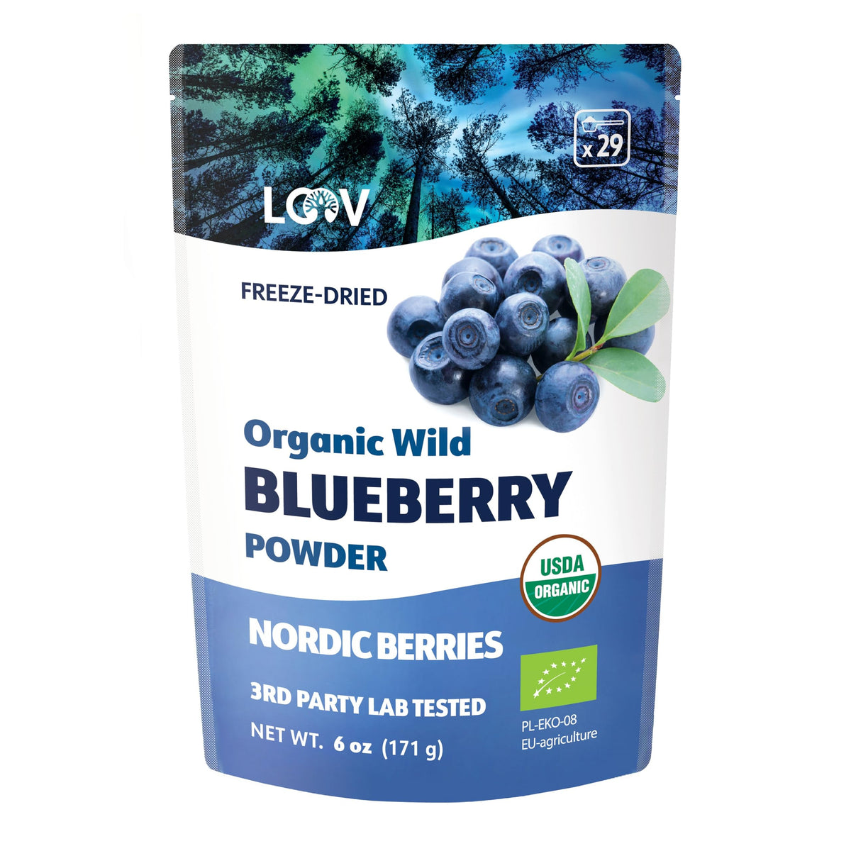 LOOV Organic Wild Blueberry Powder, Wild-Crafted from Nordic Forests, 100% Whole Fruit Bilberry, Freeze-Dried and Powdered Blueberries, No Added Sugar, 171 g