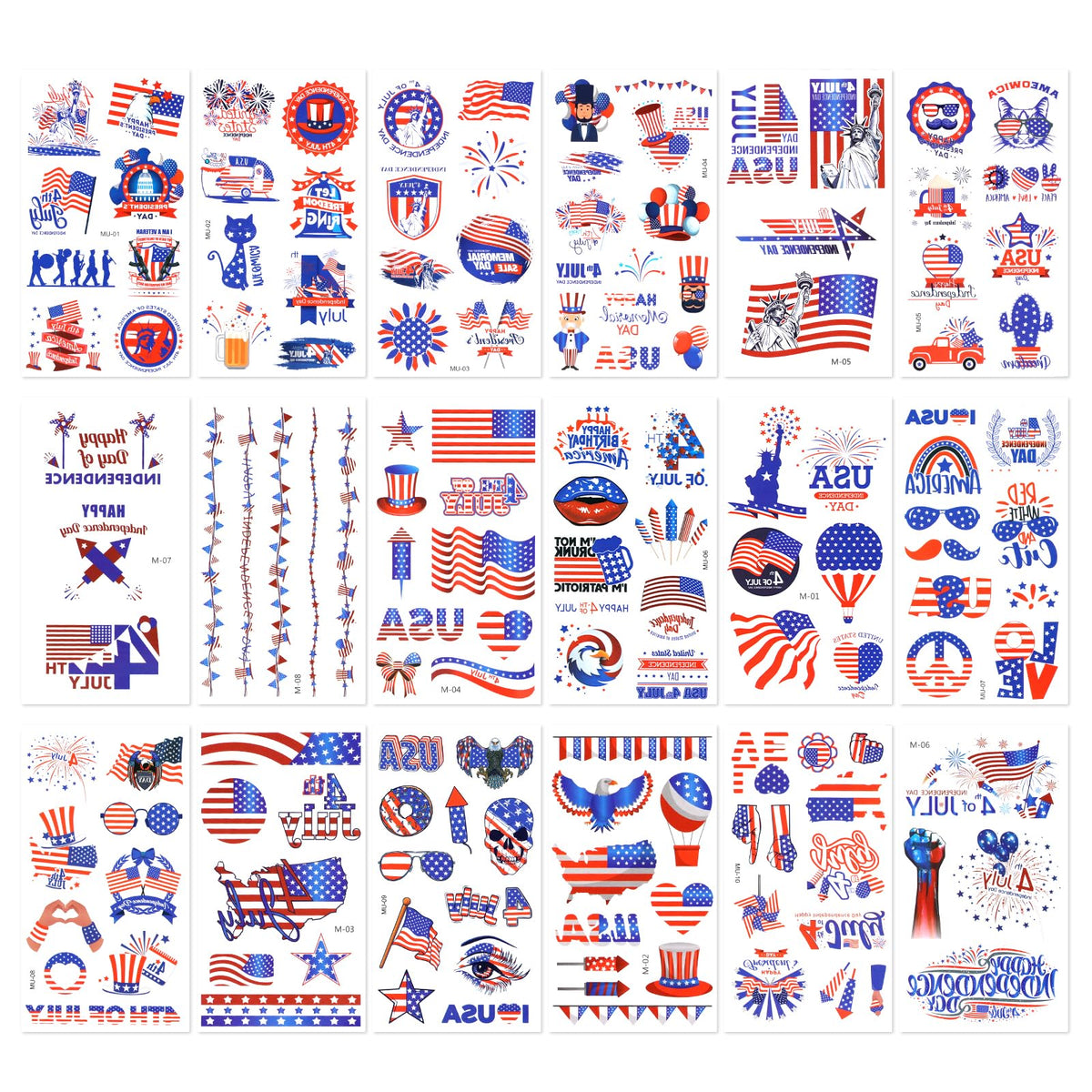 18 Sheets 4th of July Temporary Tattoos, USA Independence Day Tattoo Stickers Waterproof Fourth of July Body Art Tattoo Stickers American flag Face Tattoos for Patriotic Party Favors Supplies