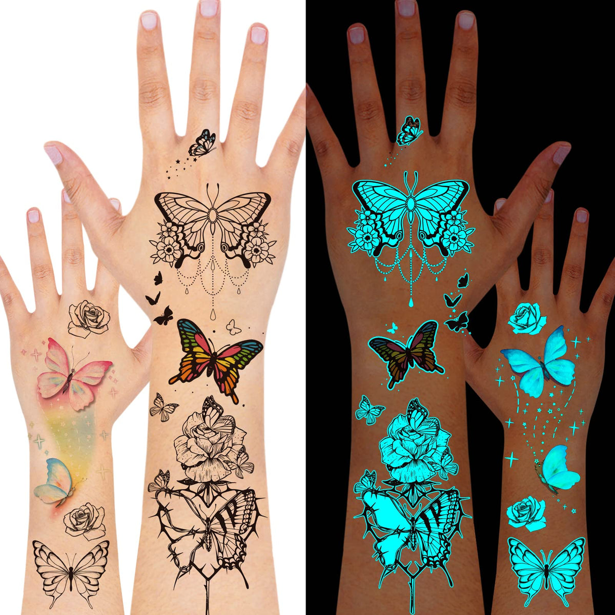 Glow In The Dark Butterfly Tattoos for Kids Girls, Konsait 12 Sheets Safe and Easy to Use Neon Butterfly Temporary Tattoos, Temporary Butterfly Glow Tattoos Glow Party Makeup Supplies Party Favors