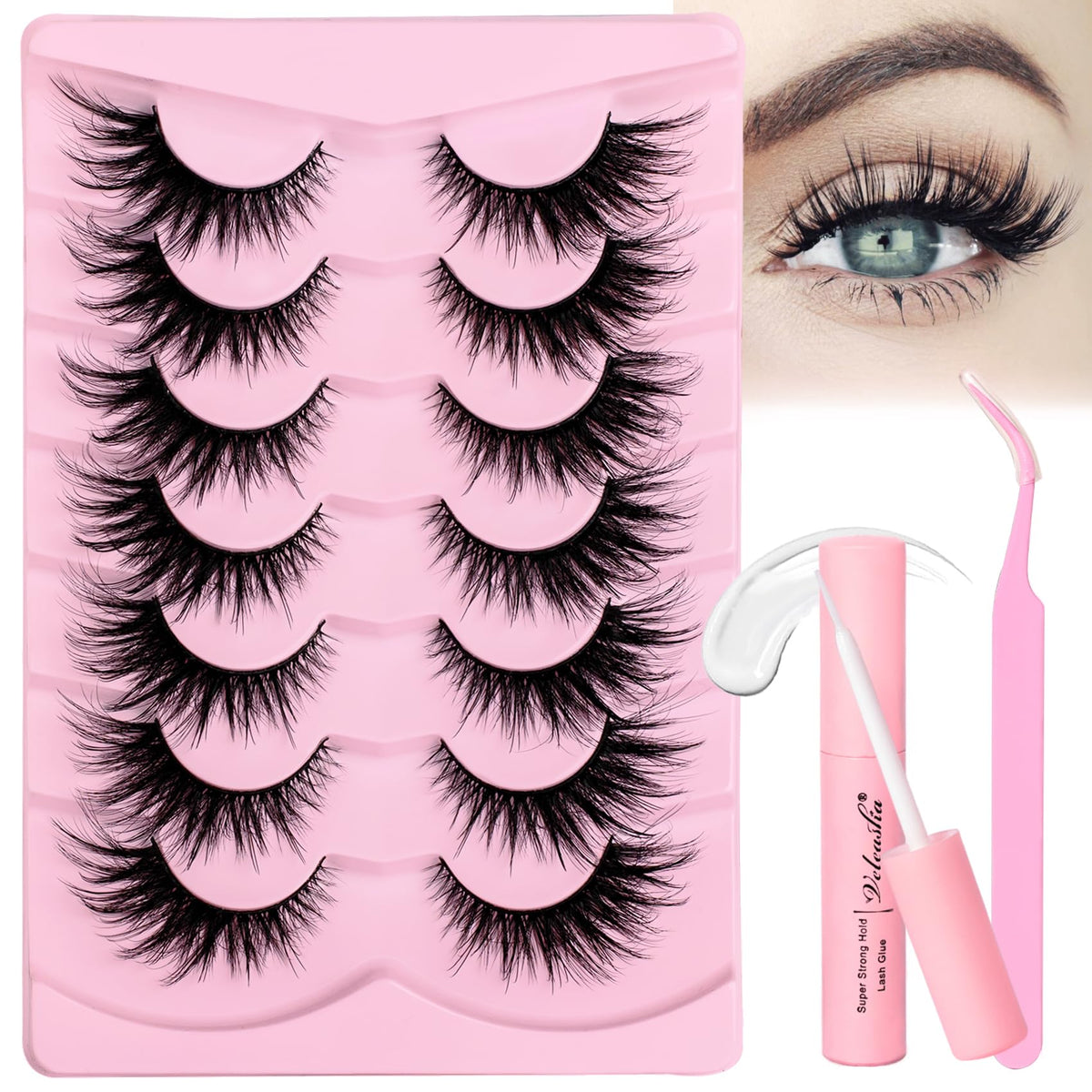 Veleasha Lashes Kit with Glue & Tweezer Cat Eye Lashes that Look Like Extensions Fluffy Faux Mink Lashes Wispy Fox Eye Lashes Natural Look 7 Pairs Fake Eyelashes Pack (Cat Eye)