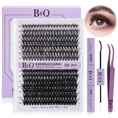 B&Q Lash Extension Kit for Beginners 280pcs Eyelash Extension Kit 30D+50D 9-16 Mixed Lash Clusters Kit D Curl Lash Kit with Lash Bond and Seal Individual Lashes Kit DIY (KIT,30D+50D-D-9-16MIX)