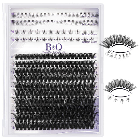 B&Q Lash Clusters with Bottom Lashes 10-18mm 50D D Curl Lash Clusters Individual Lashes Cluster Eyelash Clusters Wispy with 2 Styles Bottom Lash Extension DIY Lash Extensions at Home (50D-D-MIX10-18)