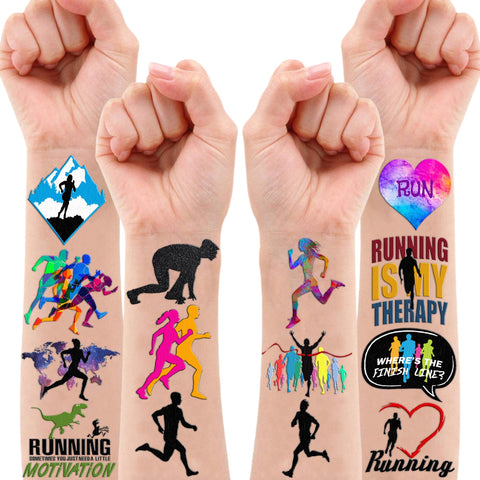 96PCS Running Run Temporary Tattoos Stickers Themed Marathon Cross Country Birthday Party Decorations Favors Decor Supplies Sports Tattoo Sticker Gifts For Runners Kids Boys Girls Adults School Prizes