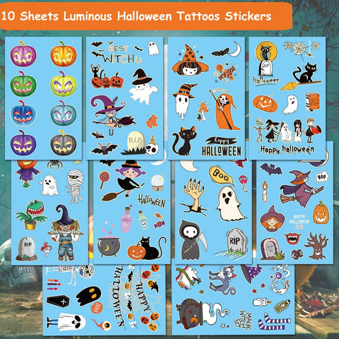 CHARLENT Luminous Halloween Temporary Tattoos for Kids Party Supplies - 100 Styles Glow in The Dark Halloween Pumpkin Skeletons Tattoos for Boys Girls Halloween Party Favors Treats Goodie Bag Fillers