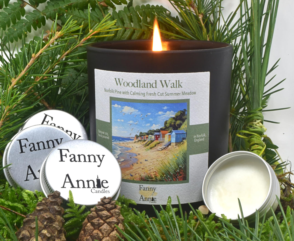 Fanny Annie Candles - Woodland Walk - Sharp Norfolk Coastal Pine, interspliced with Fresh Cut Summer Meadow. Organic, Vegan Friendly, Refreshes Any Space. Natural Soy Wax Hand Poured, Norfolk England