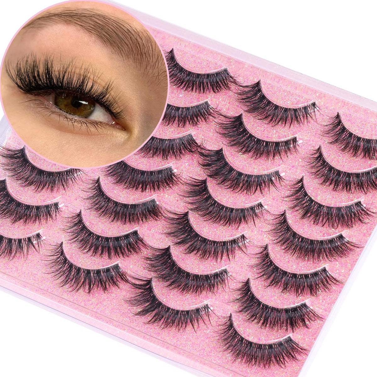 Cat Eye Lashes Clear Band False Eyelashes Wispy Faux Mink Lashes Fluffy 17mm 3D Volume Lashes C Curl Natural Strip Eyelashes Pack 14 Pairs