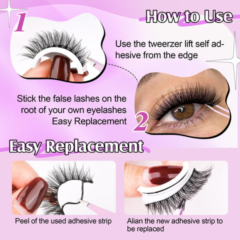 wiwoseo Self Adhesive Eyelashes No Glue Needed False Lashes Natural Look Lash Extensions Reuseable Self Adhesive Lashes Waterproof Wispy Fluffy Lashes with Tweezer 3 Pairs Pack