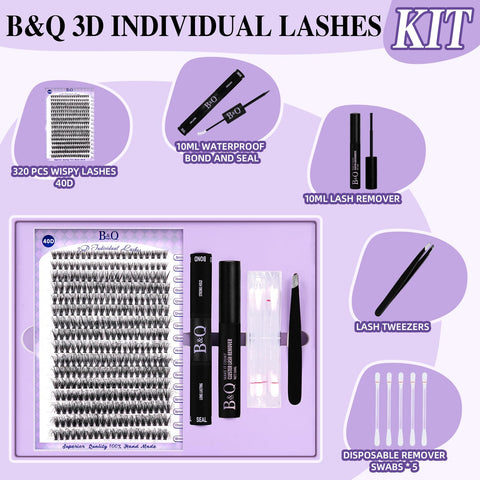 B&Q Lash Extensions Kit for Beginners 3D Eyelash Extension Kit 320pcs 40D Lash Clusters Kit 8-18 Mixed Lash Kit Fluffy Individual Lashes Kit with Lash Bond Seal Remover?Q40D-8-18MIX?