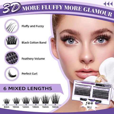 B&Q Lash Extension Kit Fluffy Volume Eyelash Extension Kit 144 PCS 3D Effect Lash Clusters DIY Lash Extension Kit With Applicator Tool for Self Application at Home?3D03 Kit,8-18MIX?