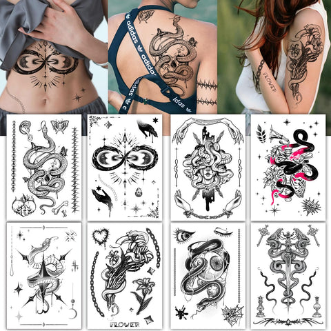 CHARLNET Snake Temporary Tattoos for Adult Women Men - 9 Sheets Large Snake Fake Tattoo Stickers For Men Women Adult Body Art,Realistic,Waterproof