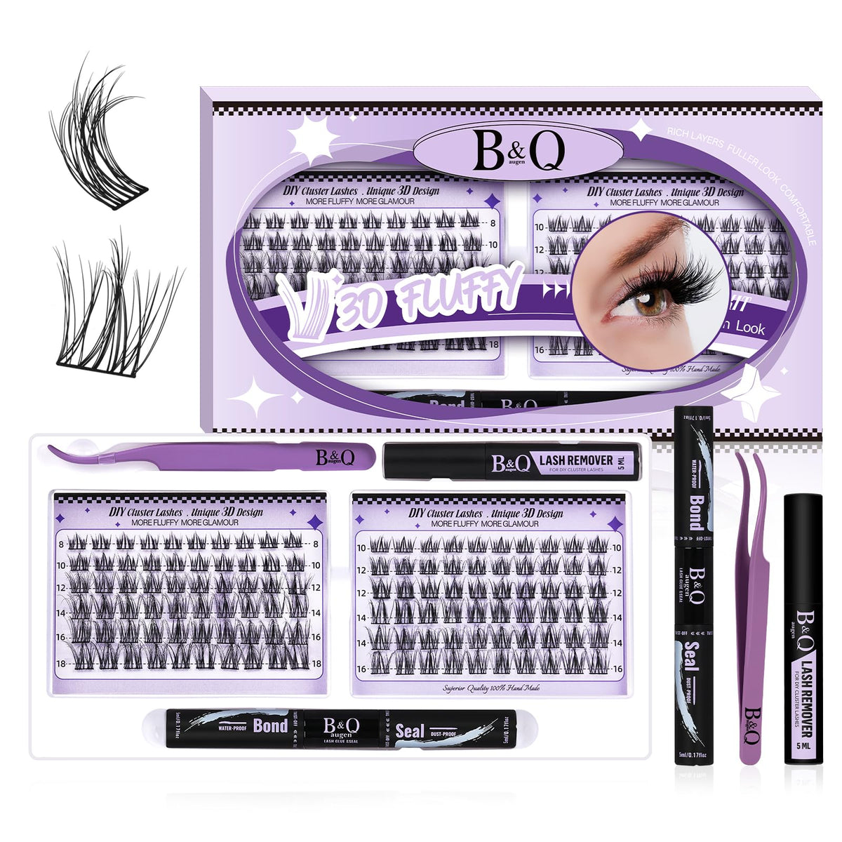 B&Q Lash Extension Kit Fluffy Volume Eyelash Extension Kit 120 PCS 3D Effect Lash Clusters DIY Lash Extension Kit With Applicator Tool for Self Application at Home?3D02 Kit,8-18MIX?