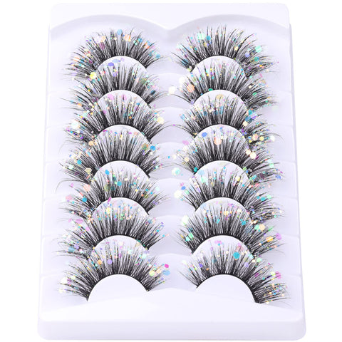 Glitter Lashes Dramatic False Eyelashes with Shinny Glitter Decorative Colored Lashes Glow in the Dark Faux Mink Eyelahses Cat Eye Strip Lashes Pack 7 Pairs