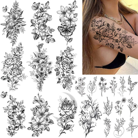 CHARLNET 23 Sheets Flower Temporary Tattoos For Women - Waterproof Realistic Rose Orchid Tattoos Tiny Branch Sketch Fake Tattoos for Women Body Art Arm Neck Hands