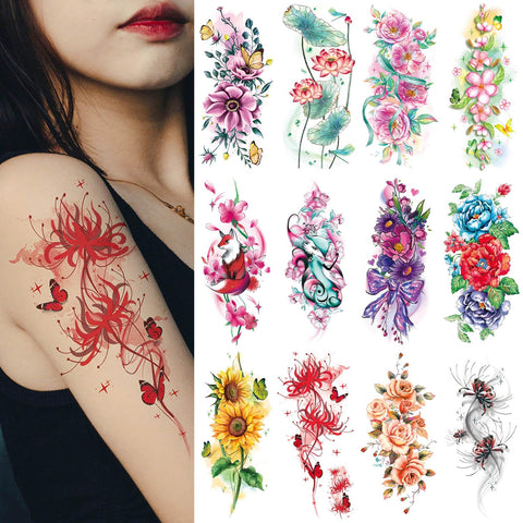 GLARYYEARS Floral Temporary Tattoo for Women, 12-Pack Large Realistic Fake Tattoos, Long lasting Beautiful 3D Flower tattoos, Makeup on Half Arm Leg Body Thigh