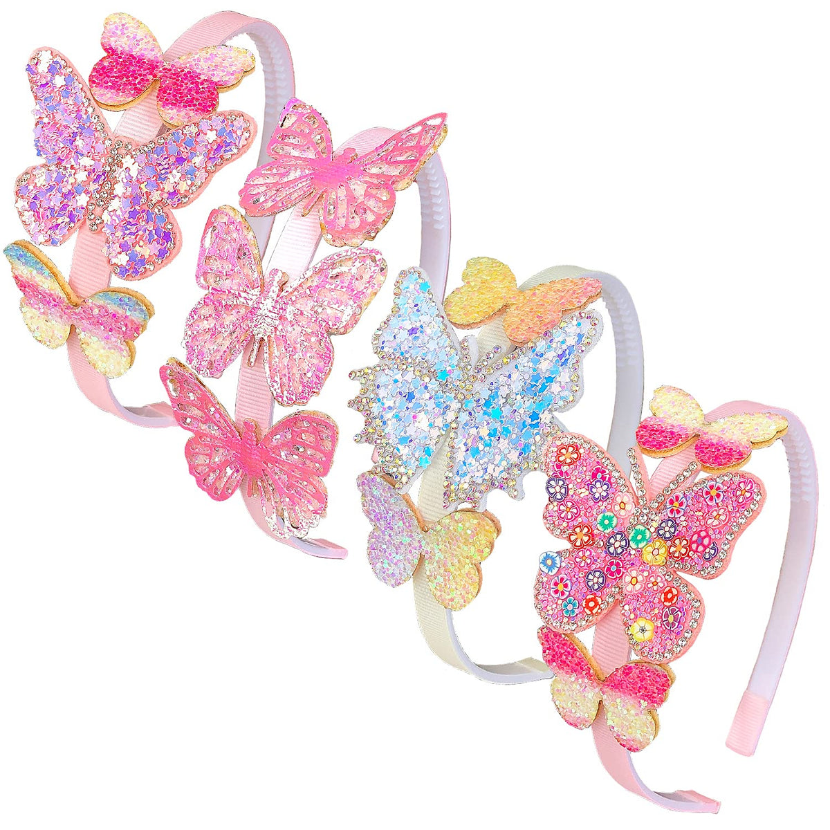 ELEMIRSA 4-Piece Butterfly Hair Hoops and Headbands for Girls, Teens, Toddlers, and Kids - Party Hair Accessories