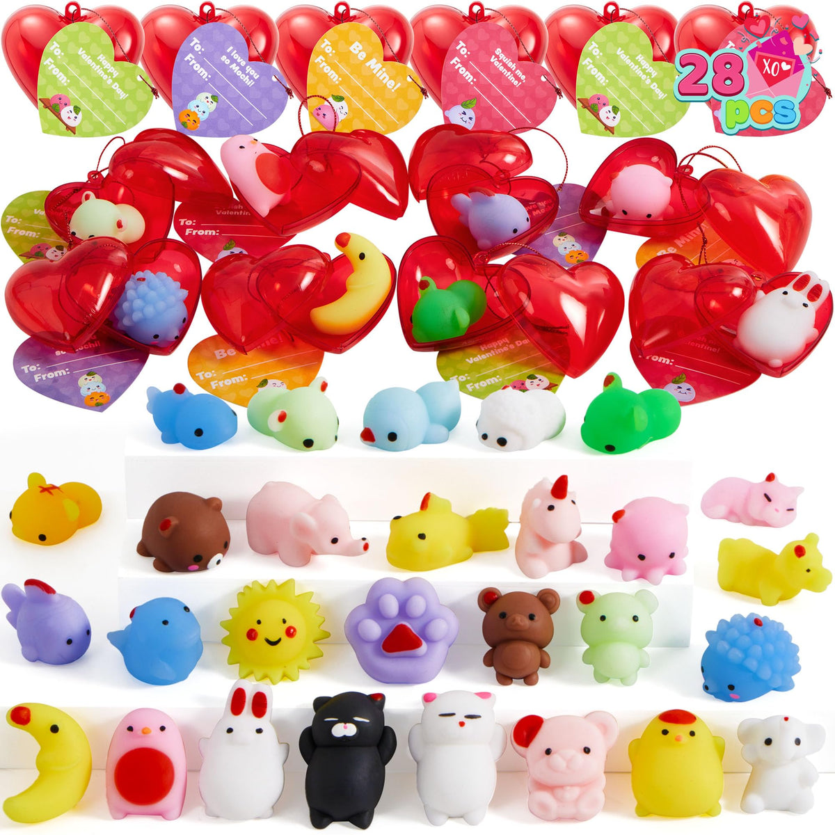 JOYIN 28 Packs Mochi squishy toys with Valentine Cards and Filled Hearts Party Favors for Kids Valentine Gifts Classroom Exchange, Kawaii Stress Relief Toys for Valentine Gift Exchange, Game Prizes