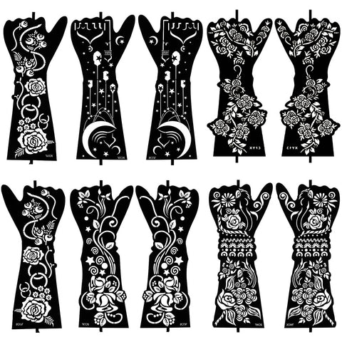 10 Sheets Henna Tattoo Stencil Kit - Temporary Tattoo Stencils for Hands and Forearm, Indian Inspired Designs - Self-Adhesive Tattoo Stickers