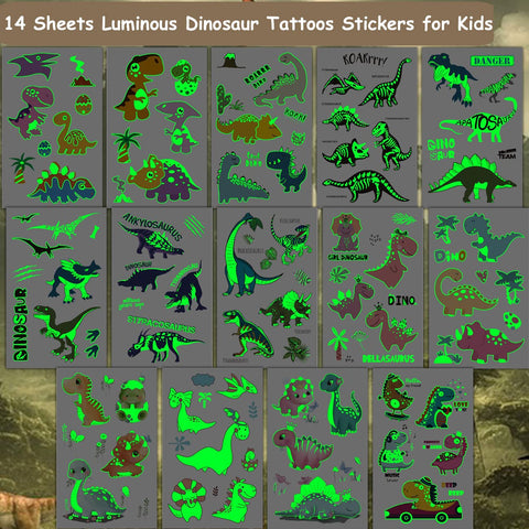 CHARLENT Luminous Dinosaur Tattoos for Kids - 14 Sheets Glow in The Dark Dinosaur Temporary Tattoos for Boys Girls Birthday Party Favors Goodie Bag Fillers