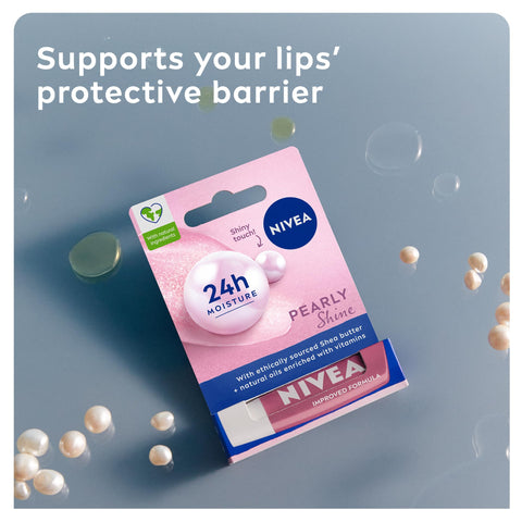 NIVEA Pearly Shine Lip Balm (4.8g), Lip Balm with Shea Butter, Natural Oils and Vitamins, Provides 24h Moisture and a Glamorous Shiny Touch, Nourishing Lip Care