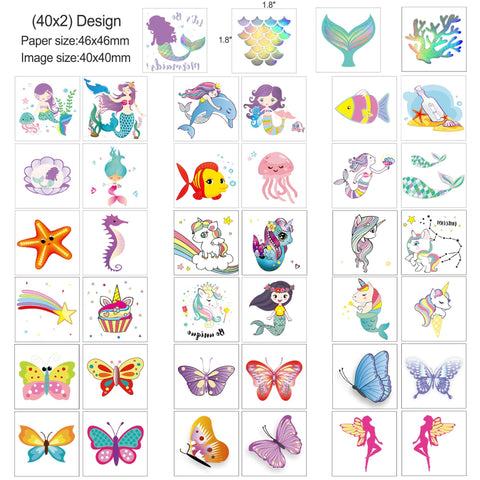 Temporary Tattoos for Kids(80pcs),Konsait Glitter Mermaid Butterfly Tattoos for Children Girls Birthday Party Favors Supplies Great Kids Party Accessories Goodie Bag Stuffers Party Fillers